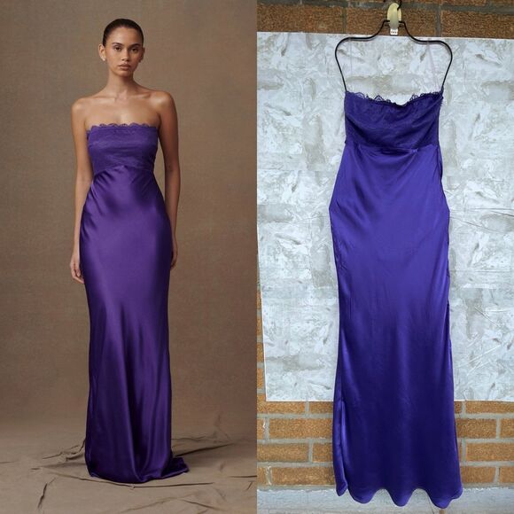 MESHKI DARCIE STRAPLESS SATIN MAXI DRESS – DEEP PURPLE MEDIUM - Picture 1 of 11